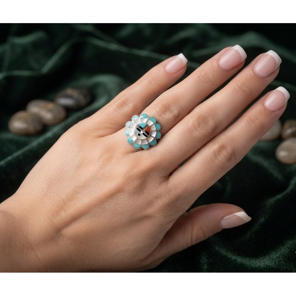 Zuni Sun face Inlay Ring Sterling Silver Tribal Ring Size 7US jewelry**